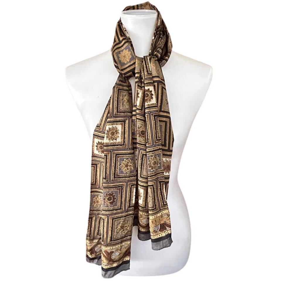 Vintage Club 7 Echo Silk Scarf Geometric Print Long Brown Gold Neck Scarf